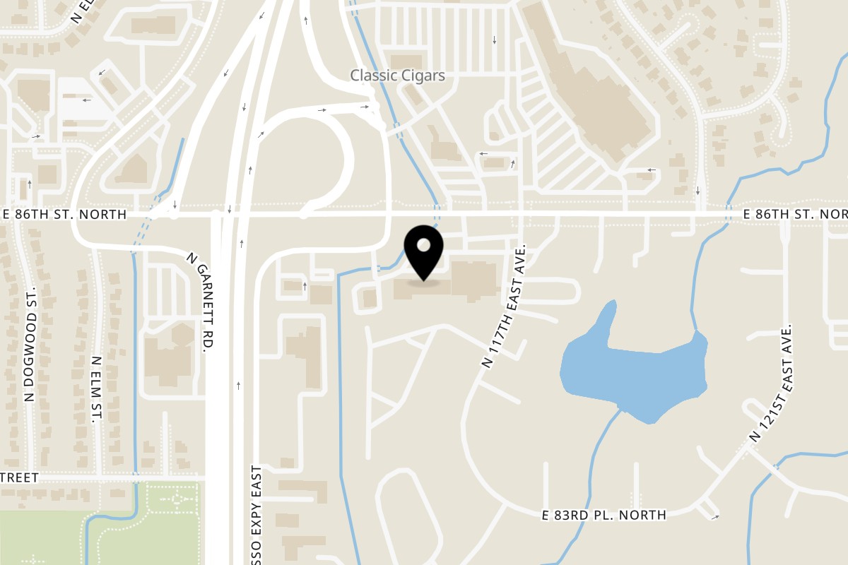 Map showing the location of Mozillas Kitchen on 11610 East 86th St N in Owasso